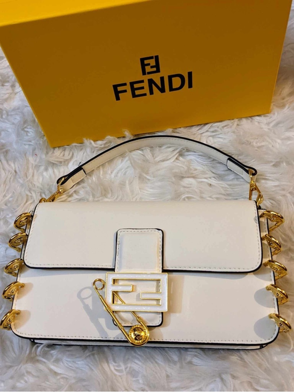 Fendi White Leather Shoulder Bag with Gold Hardware Accents